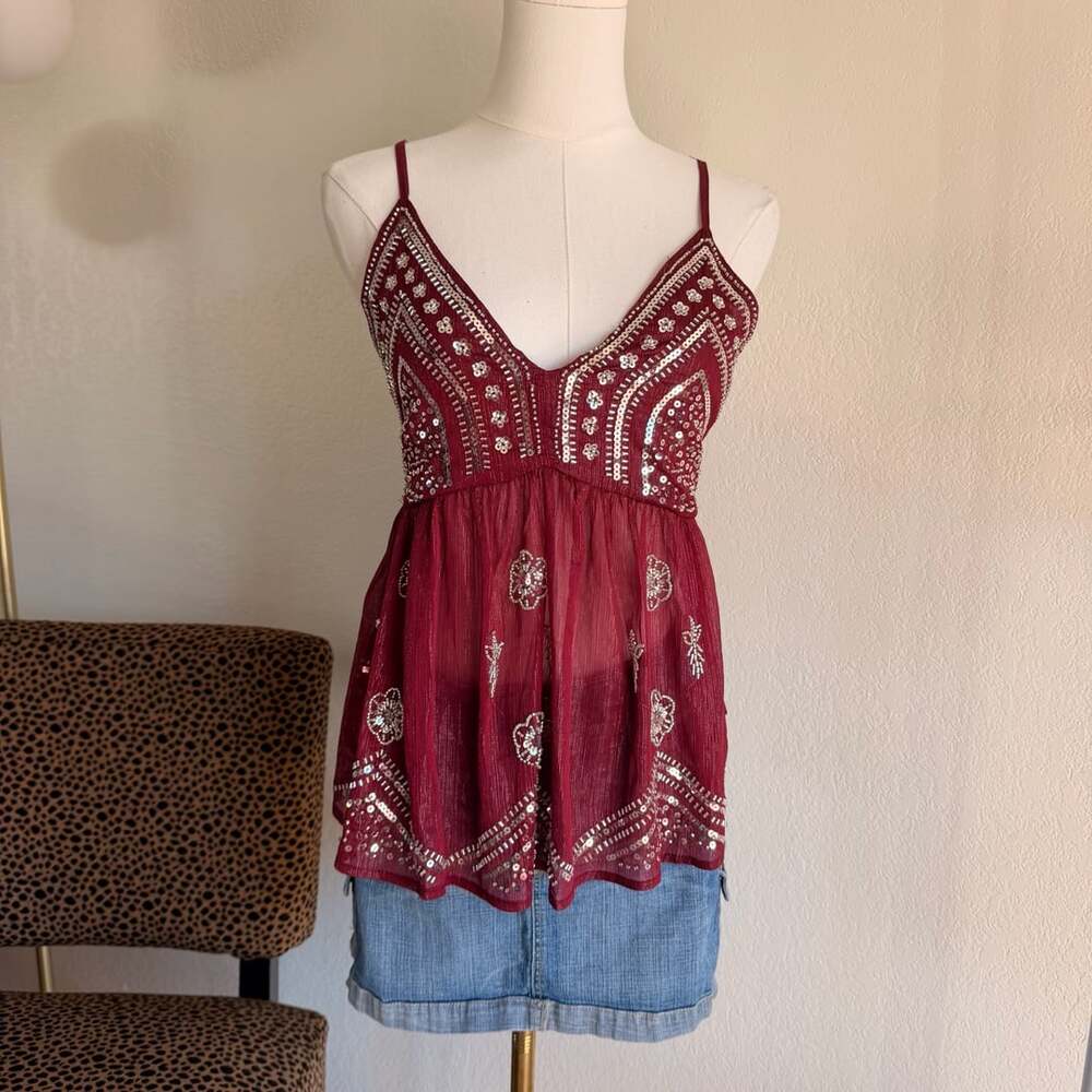 Lizette Collection Babydoll Top Size M Burgundy Sequin Camisole
